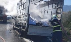 Seyir halindeki çarşaf yüklü kamyonet alev topuna döndü