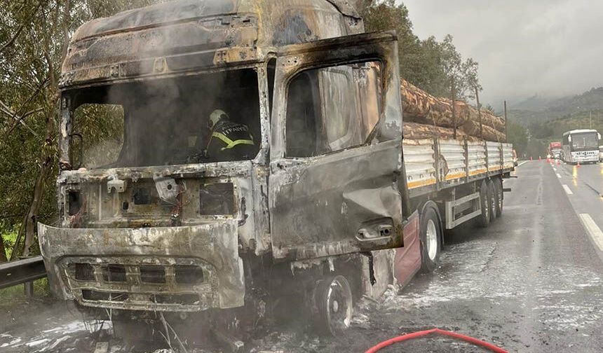 Tomruk yüklü tır alev topuna döndü