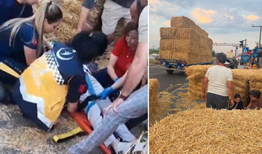 Aydın'da traktörün römorkundan yol kenarındaki adamın üzerine balya düştü
